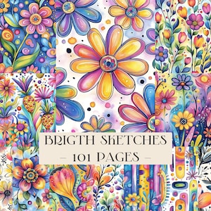 Puede incluir: Una colección de coloridos patrones florales y abstractos con tonos vibrantes de amarillo, rosa, azul y naranja. La etiqueta rectangular central muestra el texto BRIGTH SKETCHES - 101 PAGES - en una fuente serif oscura sobre un fondo crema.