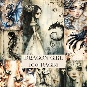 May include: A collection of fantasy illustrations featuring dragon-themed characters and creatures in a 100-page book titled DRAGON GIRL. The artwork displays various artistic styles, including portraits of figures with large eyes, dragons, and intricate details.