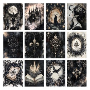 Puede incluir: Una colecci&oacute;n de doce grabados art&iacute;sticos de tem&aacute;tica g&oacute;tica. Los grabados presentan im&aacute;genes oscuras, incluyendo un castillo, una figura con cuernos, una mujer con una luna creciente y elementos decorativos ornamentados. La paleta de colores es principalmente negro, blanco y gris.