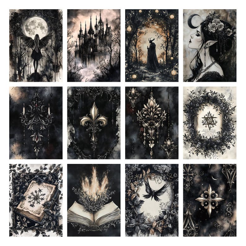 Puede incluir: Una colecci&oacute;n de doce grabados art&iacute;sticos de tem&aacute;tica g&oacute;tica. Los grabados presentan im&aacute;genes oscuras, incluyendo un castillo, una figura con cuernos, una mujer con una luna creciente y elementos decorativos ornamentados. La paleta de colores es principalmente negro, blanco y gris.