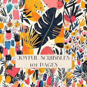May include: A colourful collage of abstract floral and botanical patterns in pink, yellow, blue, and black. The image includes a large, dark blue leaf and the text "JOYFUL SCRIBBLES - 101 PAGES".