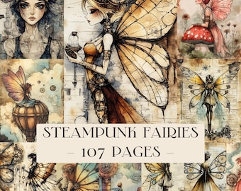 Steampunk Fairy Archive Digital Papers, vintage Gears Butterflies Wings Machines, sepia roze gouden collagekunst, grillige afdrukbare prints