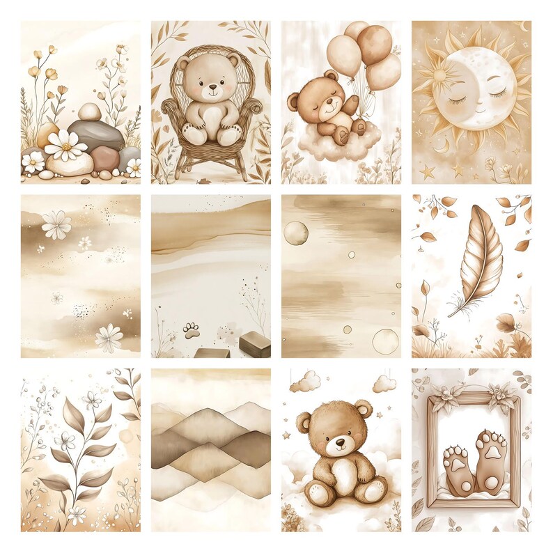 Boho Baby Bear Digital Paper Pack, Neutral Scrapbook Papers, Beige Pattern, Newborn Background, Nursery Background, Nursery Pattern image 12