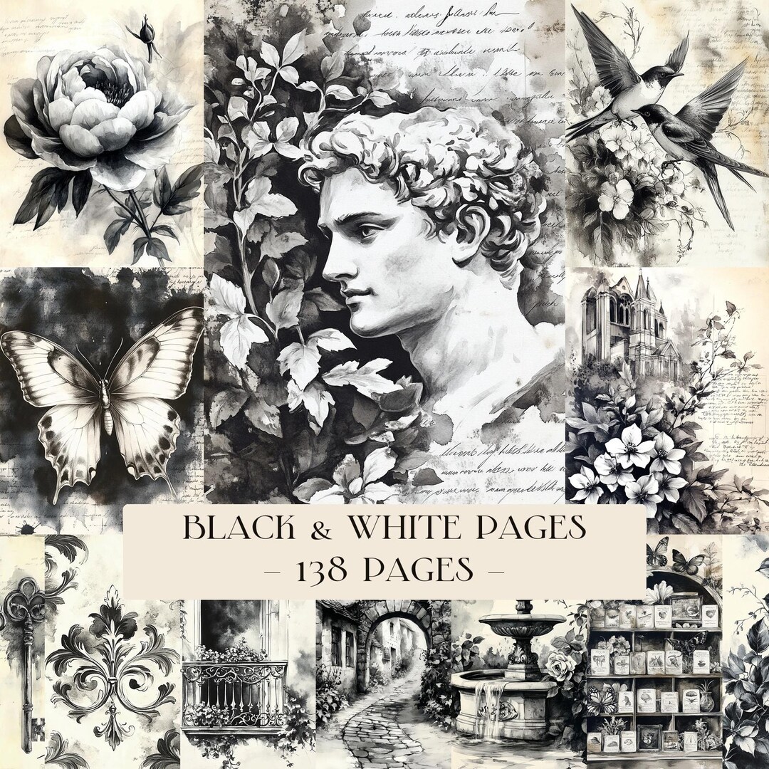 Black White Paper, Ink Saver Printable Stamp Pages, Grunge Botanical ...
