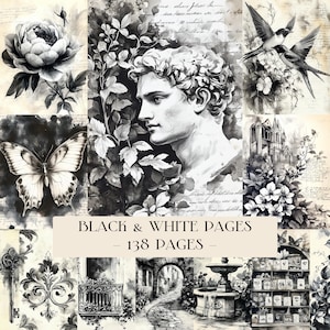 Könnte beinhalten: Eine Schwarz-Weiß-Collage mit einer klassischen Büste, Blumenmotiven, Schmetterlingen, Vögeln und architektonischen Elementen. Der Text "BLACK & WHITE PAGES - 138 PAGES -" befindet sich in der Mitte des Bildes.
