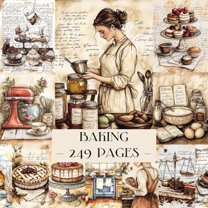 Puede incluir: Un collage de ilustraciones con temática de repostería. La imagen central presenta a una mujer con delantal, rodeada de frascos, productos horneados y recetas manuscritas. También se ven una batidora roja, cupcakes y una tarta. Se muestra el texto "BAKING - 249 PAGES".