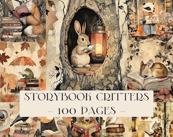 Op de afbeelding: Een verzameling illustraties in aquarel-stijl met bosdieren die boeken lezen, waaronder een vos, konijn, das, kikker, muis, uil en beer. De tekst STORYBOOK CRITTERS - 100 PAGES - staat gecentreerd op een crèmekleurige achtergrond.