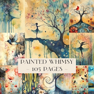 May include: A collection of watercolor paintings with a whimsical theme. The artwork features images of a woman's profile, birds, trees, and dancers. The color palette includes blues, yellows, and pinks. Text on the image reads "Painted Whimsy - 105 Pages".