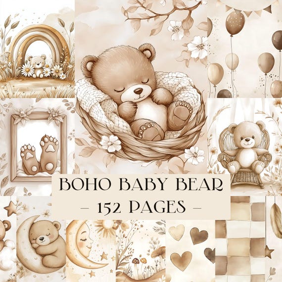 Boho Baby Bear Digital Paper Pack, Neutral Scrapbook Papers, Beige Pattern, Newborn Background, Nursery Background, Nursery Pattern