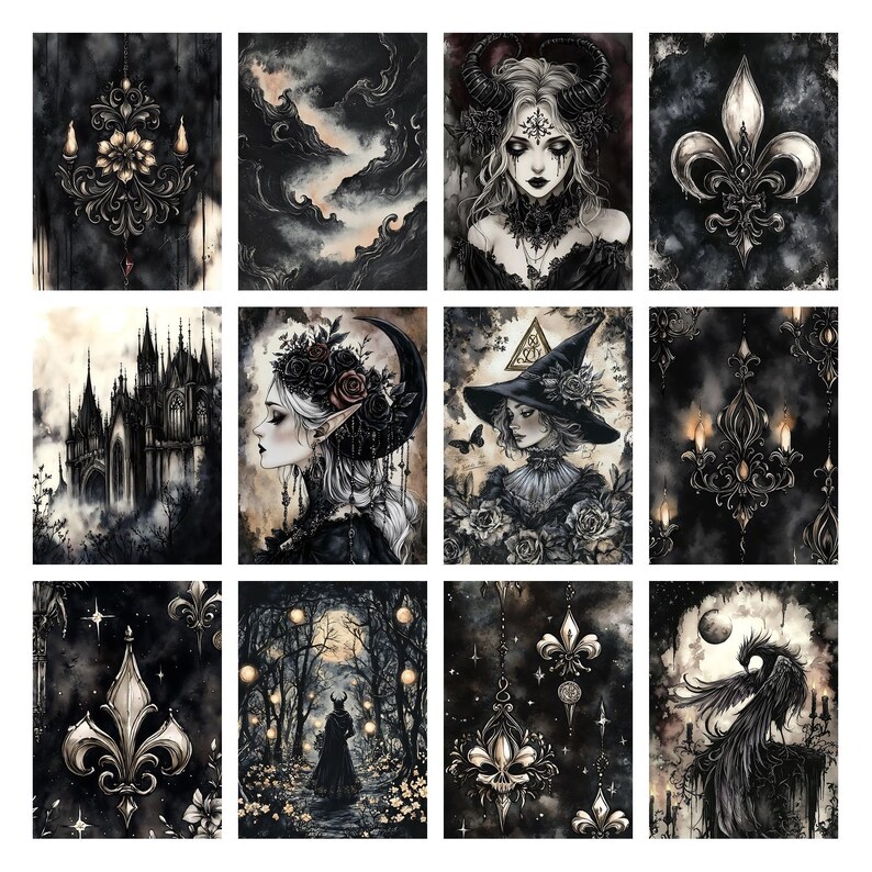 Puede incluir: Una colecci&oacute;n de grabados art&iacute;sticos de tem&aacute;tica g&oacute;tica oscura. Los grabados presentan ilustraciones de un castillo g&oacute;tico, una mujer con cuernos, una bruja y otras im&aacute;genes de fantas&iacute;a oscura. La paleta de colores es principalmente negra, blanca y gris, con algunos acentos dorados.