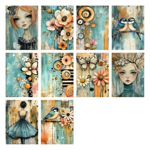 Vintage Whimsical Girls Junk Journal Kit, Colorful Pages, Printable Ephemera Mixed Media Collage Cottagecore Digital Papers Scrapbook Papers image 10