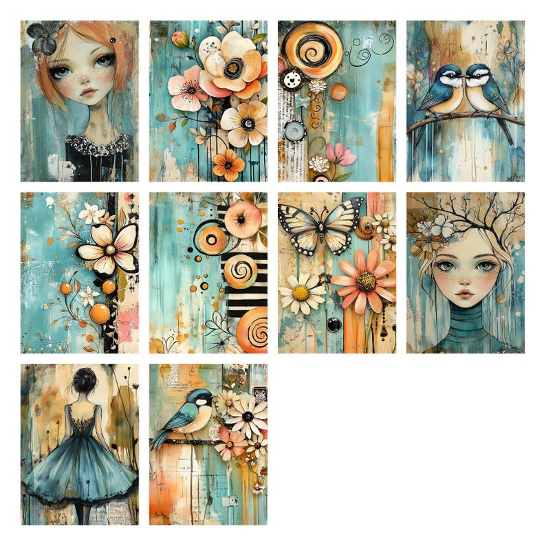 Vintage Whimsical Girls Junk Journal Kit, Colorful Pages, Printable Ephemera Mixed Media Collage Cottagecore Digital Papers Scrapbook Papers image 10
