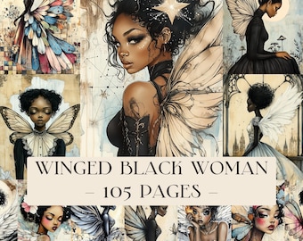 Gevleugelde zwarte vrouw ongewenste dagboekpagina's, digitale papers Black Fairy Butterfly, natuurlijk haar vleugels plakboek, afdrukbare kortstondige prints