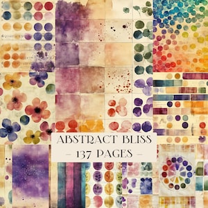 Peut inclure: Un collage de motifs à l'aquarelle de différentes couleurs, dont le violet, l'orange et le bleu. L'image présente des motifs floraux, des formes abstraites et le texte "ABSTRACT BLISS - 137 PAGES".
