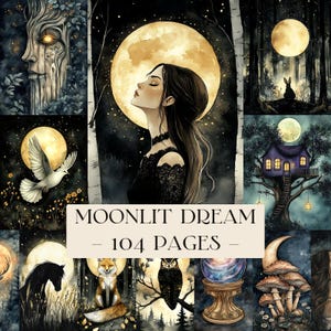 May include: A digital art print titled "Moonlit Dream" with 104 pages. The artwork features a woman with long dark hair in front of a large moon, surrounded by other mystical illustrations of animals and nature.