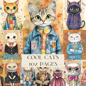 May include: A collage of illustrated cats, each with unique outfits and expressions. One cat wears a denim jacket, another a purple hoodie, and others wear dresses and suits. The text "COOL CATS - 102 PAGES" is displayed at the bottom.