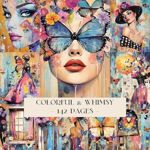 Puede incluir: Una colorida impresión de arte digital con múltiples retratos de mujeres con mariposas y flores. El texto "COLORFUL & WHIMSY - 142 PAGES -" se muestra en la parte inferior de la imagen.