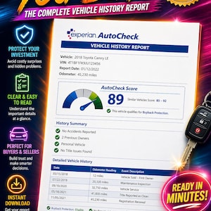 Puede incluir: Un informe del historial del vehículo de Experian AutoCheck para un Toyota Camry LE 2018, con una puntuación AutoCheck de 89. El informe detalla el historial del vehículo, incluyendo sin accidentes, dos propietarios anteriores y un título limpio. El informe también incluye el VIN y el kilometraje.