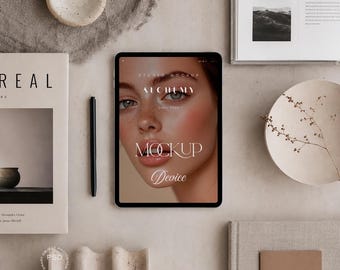 iPad Mockup Flat Lay Workspace Minimal Desk Digital Product PSD JPG