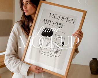 Editorial Frame Mockup Woman Holding Frame Neutral Interior PSD JPG