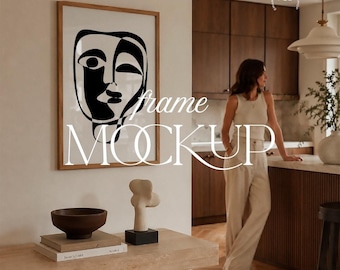 Mid Century Kitchen Frame Mockup Elegant Woman Interior PSD JPG Download