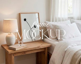 Neutral Frame Mockup, Bedroom Modern Interior Wall Art Display, Wood Frame PSD JPG Download