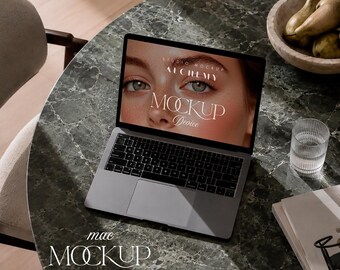MacBook Mockup Scandinavian Dining Room, Neutral Workspace Display PSD JPG
