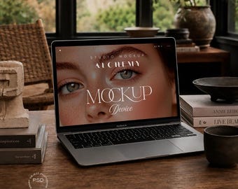 Laptop Mockup Mid Century Modern Editorial Workspace PSD JPG