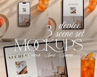Editorial Device Mockup Bundle MacBook Air iPad iPhone PSD JPG