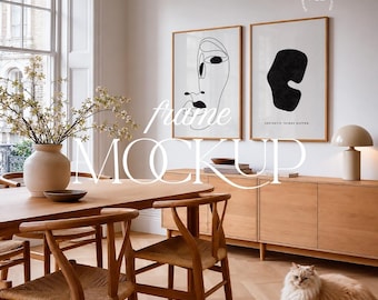 Frame Mockup with Cat, Scandinavian Dining Room Minimal Interior PSD JPG