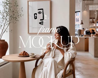 Frame Mockup, Coffee Shop Scandinavian Interior, Editorial Woman, PSD JPG