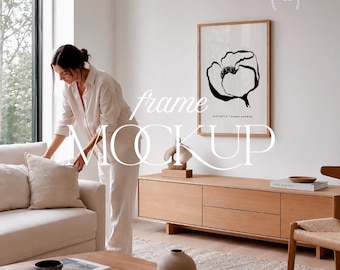 Neutral Frame Mockup Scandinavian Minimal Living Room Elegant Woman Interior PSD JPG Download