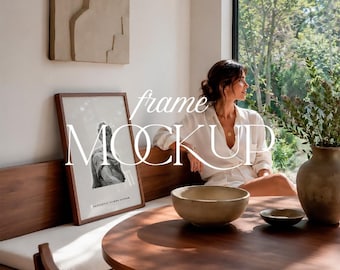 Neutral Interior Frame Mockup, Mid Century Breakfast Nook, Elegant Woman PSD JPG