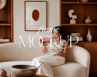 Neutral Interior Frame Mockup, Mid Century Living Room, Editorial PSD JPG
