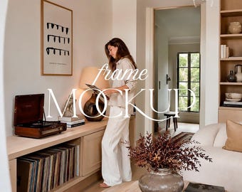Scandinavian Frame Mockup Woman Interior, Neutral Wall Art Display PSD JPG