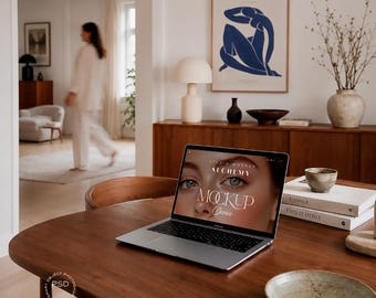 MacBook Mockup Mid Century Interior Editorial Workspace PSD JPG