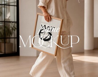 Editorial Frame Mockup Woman Holding Artwork, Neutral Interior Display PSD JPG