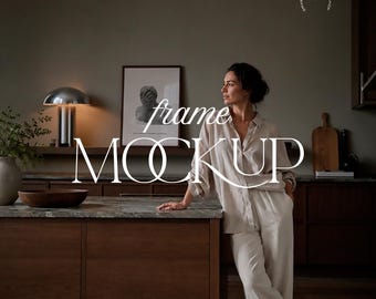 Neutral Interior Frame Mockup, Dark Scandinavian Kitchen, Elegant Woman, PSD JPG