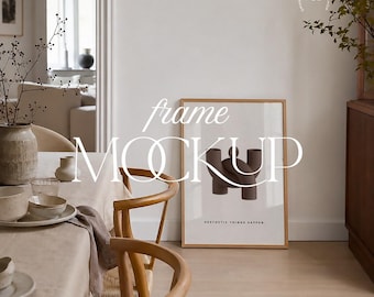 Dining Room Frame Mockup, Scandinavian Interior Wall Art Display PSD JPG