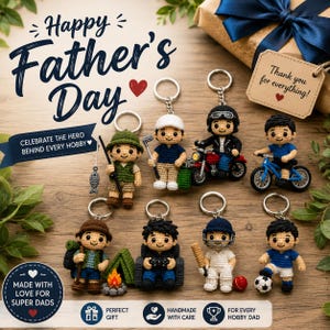 Handmade Crochet Hobby Dad Keychains, Father's Day Gift, Fishing, Golf, Biker, Gamer, Soccer Dad