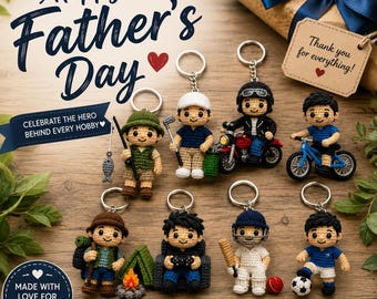 Gehäkelte Papa Schlüsselanhänger, Vatertagsgeschenk, Hobby Schlüsselanhänger für Papa, personalisierte Angeln, Golf, Cricket, Biker, Radfahrer, Gamer Camping Fußball