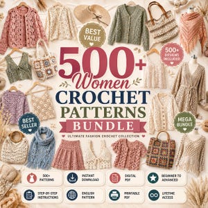 Mega-Paket mit über 510 Häkelmustern für Damen – Pullover, Schals, Taschen (PDF-Download)