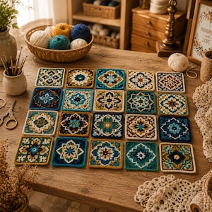May include: A collection of twenty square crochet motifs arranged in a grid on a wooden surface. Each motif features a detailed, symmetrical floral pattern in shades of blue, teal, mustard yellow, white, and brown, with intricate yarn stitching.
