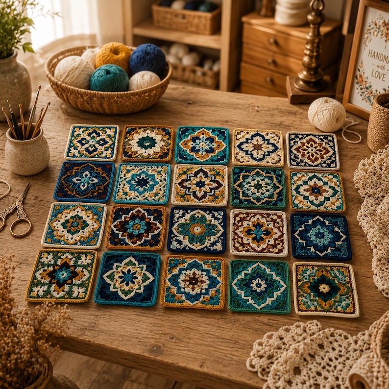 May include: A collection of twenty square crochet motifs arranged in a grid on a wooden surface. Each motif features a detailed, symmetrical floral pattern in shades of blue, teal, mustard yellow, white, and brown, with intricate yarn stitching.