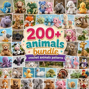 Puede incluir: Una colección de varios patrones de animales de ganchillo, incluyendo un dinosaurio azul, un mono, un dragón verde, un oso, un hipopótamo, un zorro y una gaviota. La imagen presenta el texto "200+ Animals Bundle crochet animals patterns."