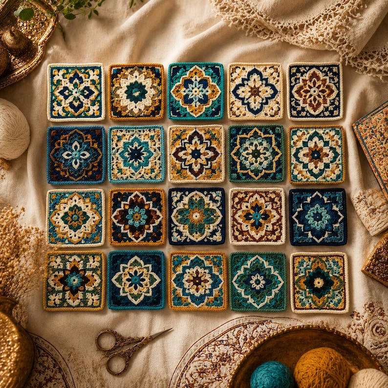 May include: A collection of twenty square crochet motifs arranged in a grid, each featuring intricate floral and geometric patterns in shades of teal, navy blue, mustard yellow, cream, and brown, with a pair of metal scissors nearby.