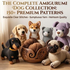 Puede incluir: Imagen que presenta una colección de amigurumis de perros hechos a ganchillo. Los perros son de varias razas y colores, incluyendo un golden retriever, un Shiba Inu, un perro salchicha, un pug y un oso de peluche morado. El texto dice: "THE COMPLETE AMIGURUMI DOG COLLECTION: 150+ PREMIUM PATTERNS."