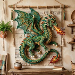 May include: A detailed, handcrafted wall hanging featuring a green and gold dragon with outstretched wings and fiery breath. The dragon is made of textured yarn and is mounted on a neutral-toned tapestry, creating a unique piece of art.