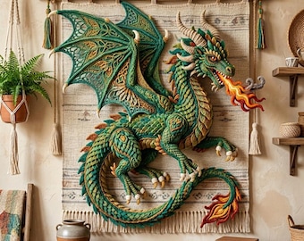Emerald Dragon Wall Hanging Crochet Pattern, 3D Amigurumi Tapestry PDF