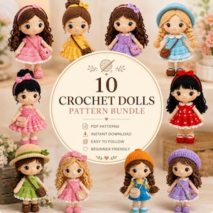 Pacote com 10 padrões de bonecas de crochê em PDF | Boneca Amigurumi | Boneca de Crochê para Bebê | Padrão de Boneca Artesanal | Presente para Meninas | Download Instantâneo